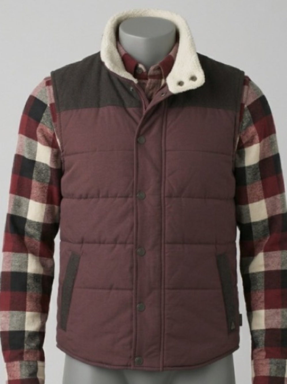 Prana Waylen Mahogany Puffer Vest With Sherpa Collar & Corduroy Midweight XXL
